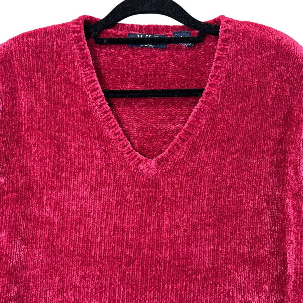 MHD Ladies Pink V Neck Fringe Hem Sweater Velour Large Soft Comfy Cozy Textured - Picture 4 of 12